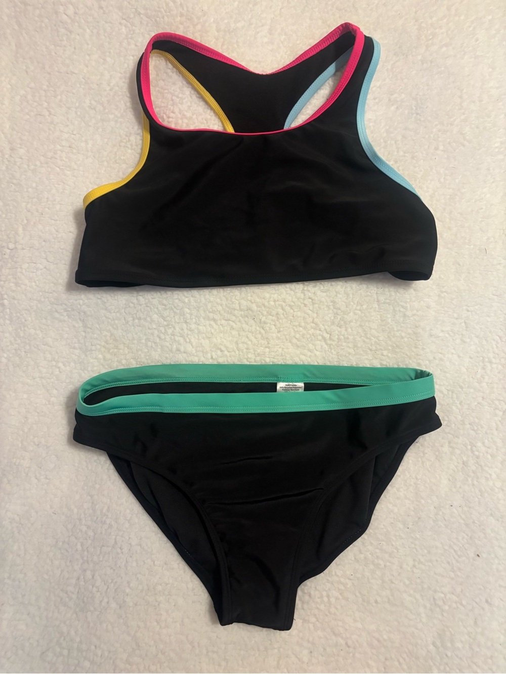 Kids Black Two-Piece Swim Set with Multicolor Trim